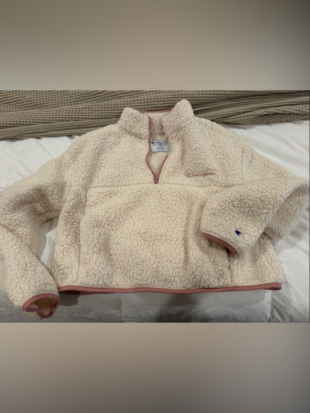 Champion Cream Sherpa Quarter-Zip Pullover with Pink Trim